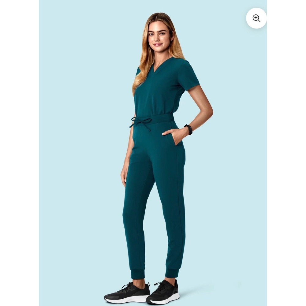 Mandala Scrub Set Teal Green Notched V-Neck Top and Jogger Pants Large